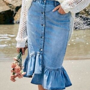 Hayden denim ruffle hem snap front skirt size small mermaid blue